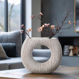 Torre & Tagus White Donut Vase for Flowers - 9 Inch Tall Textured Vases for Centerpieces with 2 Openings, Sculptures Home Decor & Abstract Sculptures Home Decor for Shelf Decor Aesthetic (Alma)