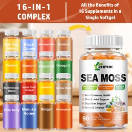 Organic Sea Moss Softgels with Black Seed Oil, Ashwagandha, Burdock, Turmeric,Omega 3, Vitamin C Vitamin D3 for Immune System, Skin, Joint, Energy, Gut Support 90 Softgel