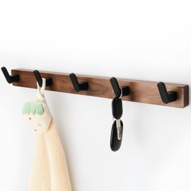 IURRDOP 17 Inch Walnut Wood Wall Mounted Coat Rack with 5 Black Hooks, Adhesive Mounted Entryway Hooks, Modern Natural Wooden Pegs for Hanging Coat Clothes Hat Bag Purse Key and Towel