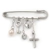 'Simulated Pearl, Cross, Lock&Key' Safety Pin Brooch In Rhodium Plated