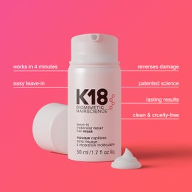 K18 K18 Full-Size Leave-In Molecular Hair Mask, Repairs Dry or Damaged Hair, Reverse Hair Damage from Bleach, Color, Chemical Services & Heat