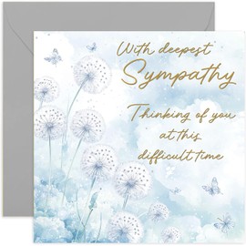 With Deepest Sympathy Greeting Cards - Light Blue Dandelion and Butterfly Artwork - Classical Design for Him or Her - Sorry for Your Loss, Thinking of You, Bereavement and Condolences Gift