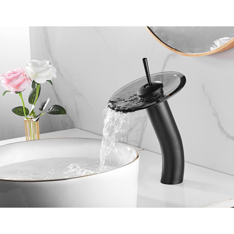 Chiczam Waterfall Vessel Faucet, Black, 1 Hole, Lead-Free Solid Brass,
