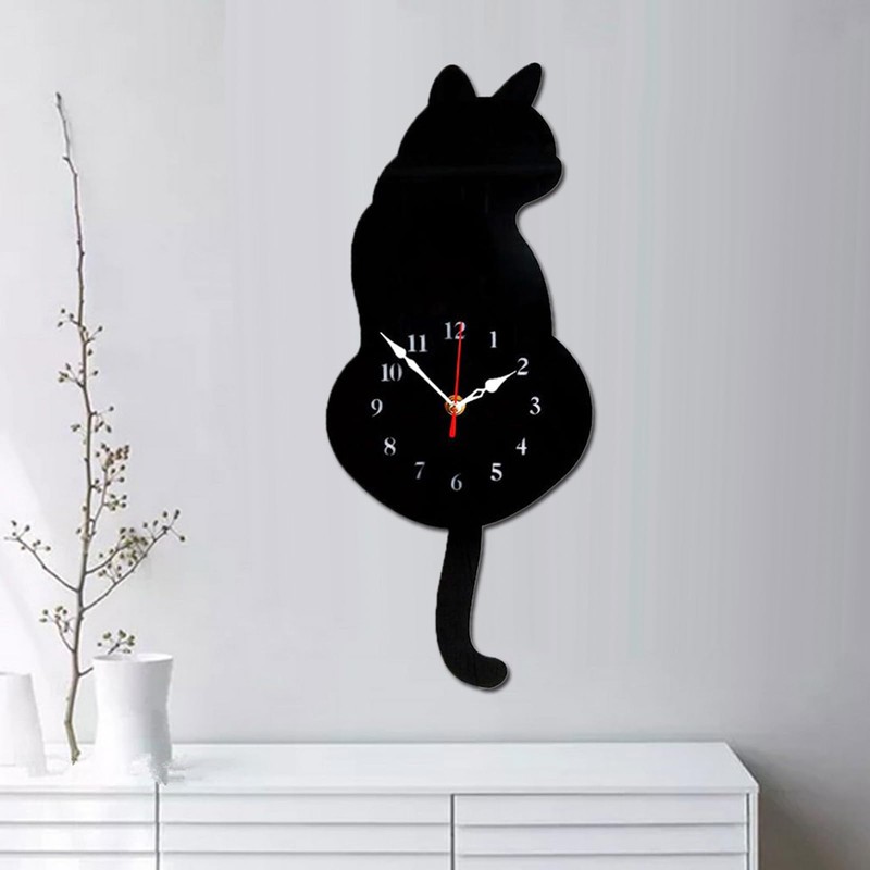 LOVIVER Wagging-Tail Cat Quartz Wall Clock for Decor, Black Cat