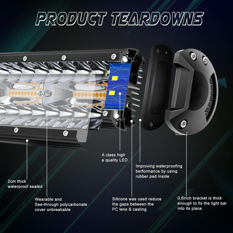 SLARY 12 Inch 72W LED Light Bar White/Amber Flasing Strobe