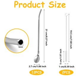Pack of 12 Straw Spoons, 2 in 1 Straws, Stainless Steel Straws, Straw Spoons with 2 Cleaning Brushes for Latte Macchiato, Cocktail, Milkshakes, Silver