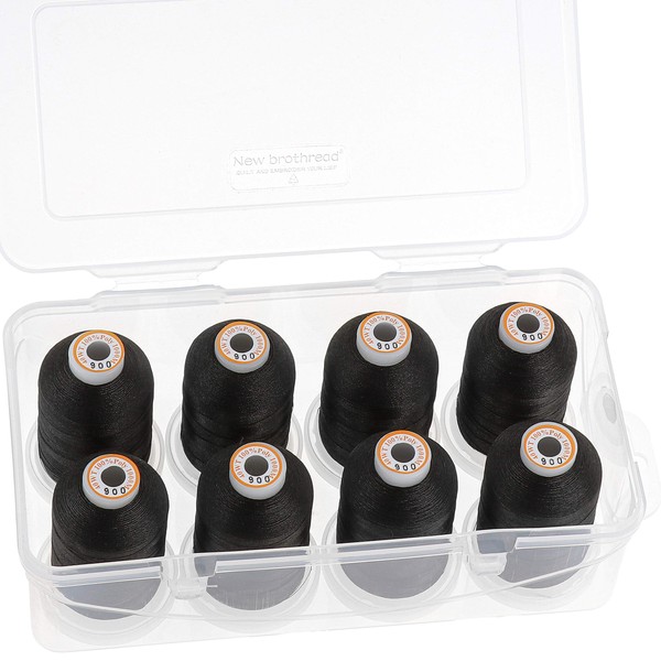 New brothread - 18 Options - 8 Snap Spools of 1000 m Each Polyester Machine Embroidery Thread with Clear Plastic Storage Box for Embroidery & Quilting - Black