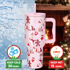 Christmas Gifts for Women Men, 40 oz Christmas Tumbler with Handle and Straw, 100% Leakproof Santa Claus Stainless Steel Insulated Travel Coffee Cup with Lid, Keep Cold Ice for 30 Hours