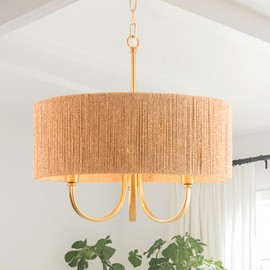 Maxax 17.7" Gold Rattan Farmhouse Chandelier, 3-Light Boho Rattan Pendant Lighting with Rattan Shade, Rustic Gold Boho Hanging Light fixtures for Dining Room, Living Room, Kitchen Island, ETL Listed