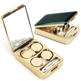 ofone Contact Lens Case, 2 Pack Contact Lenses Holder Cases Kit with Removel Tool Tweezers Mirror Portable Contacts Container Storage Box for Travel (Gold Green)