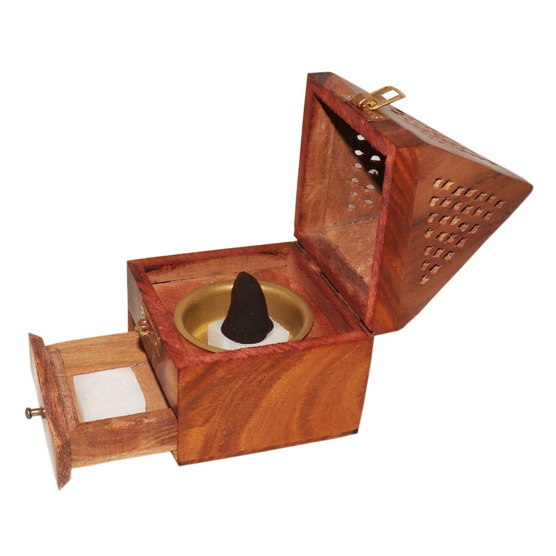 vrinda Wooden Pyramid Cone/Charcoal Burner with Storage Net Carving