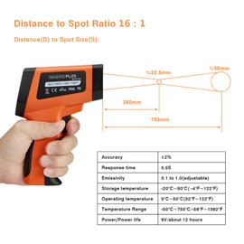 BBQGO Laser Infrared Thermometer -50°C to 750°C, Infrared Thermometer with 16:1 Spot Ratio, Temperature Meter IR Pyrometer with Non-Contact, Adjustable Emissivity for Cooking/Automotive