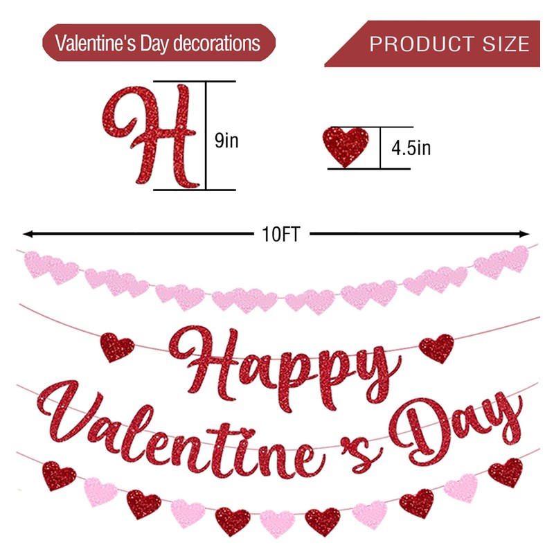 10 Feet Glitter Happy Valentine's Day Banner, No DIY Red
