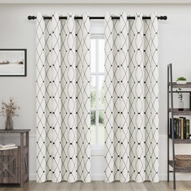 Joywell Cream Linen Textured Curtains 84 inches Long for Living Room Embroidered Farmhouse Window Curtains Grommet Curtains 2 Panels Heavy Cotton Curtains Black Checkered Pattern on Beige