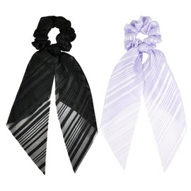 JGQUR Pack of 2 Bow Scrunchies for Women, Scarf Hair Ties Knotted Hair Ribbon Long Tail, Ponytail Holders Girls Hair Accessories, Black & Lilac
