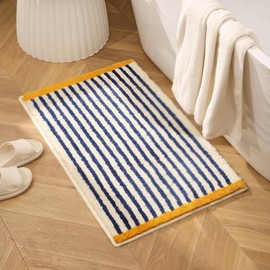 GIB Blue and White Striped Bathroom Rug Mat 32" x 20", Yellow Accent, Extra Soft Absorbent Non-Slip Washable Plush Fluffy Shaggy Microfiber Bath Mat, Aesthetic Runner Rug for Bedroom