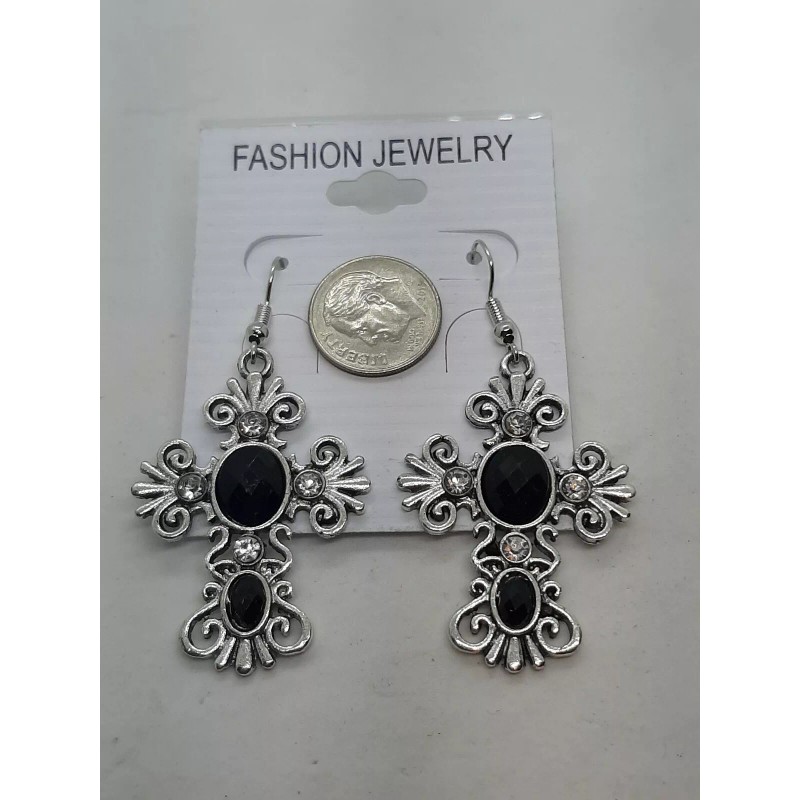 Unbranded Scroll Southwestern Rhinestone Black/Gray Faceted Cab Cross Silver Tone