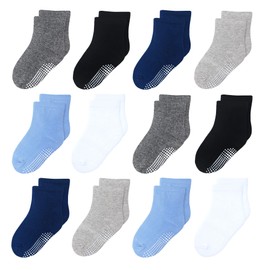 Paquete de 12 calcetines antideslizantes para niños y niñas de 1 a 7 años, varios colores, Blanco/Negro/Azul/Azul Oscuro/Gris/Gris Oscuro, 5-7 Años