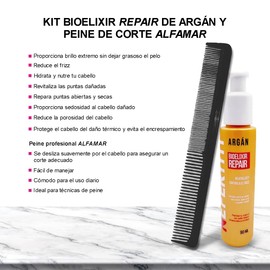 Tratamiento Bioelixir capilar con aceite de argán + Peine ALFAMAR, coco y macadamia que repara puntas abiertas, controla el frizz y protege del calor
