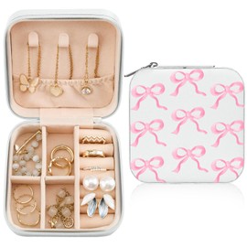 MAYCARI Jewelry Box with Cute Pink Bow Pattern Design, PU Leather Jewelry Travel Organizer Case-Rings/Earrings/Necklace Storage Box for Women Birthday Mom Friends Her Bridesmaids Girls s