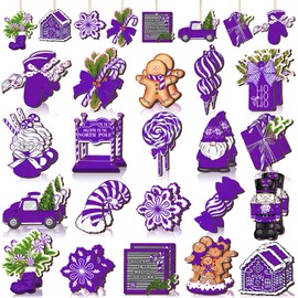 Huwena 40 Pcs Christmas Wooden Ornaments Purple Christmas Decorations for Xmas Tree Wreaths Gingerbread Gnome Hanging Ornaments Nutcracker Peppermint Candy Wood Cutouts Christmas Decor for Home