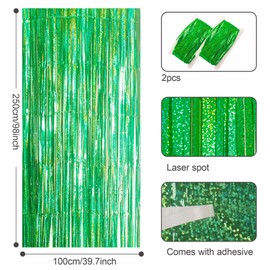 2pcs 3.2 x 8.3ft Glitter Green Tinsel Curtain Foil Fringe Curtain Backdrop Party Streamers Curtain Photo Backdrop Decorations for Birthday School Graduation Hen Christmas Party Decorations