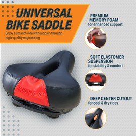 Bikeroo Comfort Saddle for Women & Men - Universal Fit Indoor & Outdoor Bicycles - Center Cutaway for Weight Distribution, Prostate Pressure Relief - Memory Foam - Red