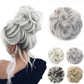 JJstar Messy Hair Bun Curly Wavy Hair Scrunchies Accessories Pieces for Women Girls Synthetic Hair Chignons (Silver Grey)