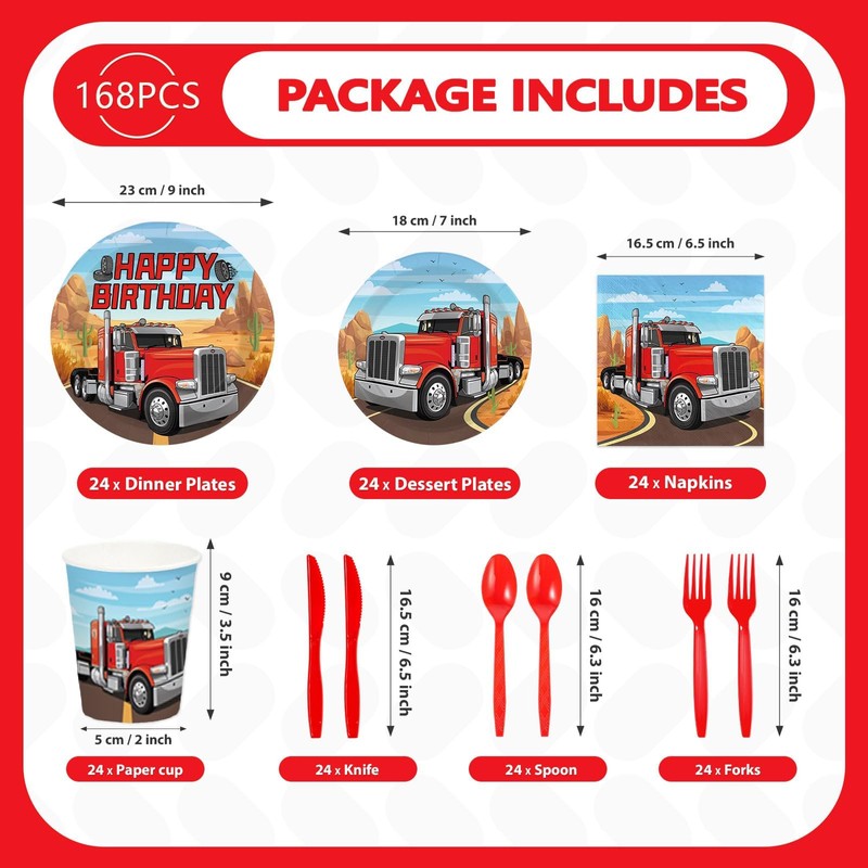 Greencian 168 Pcs Semi Truck Tractor Truck Party Decorations, Serves
