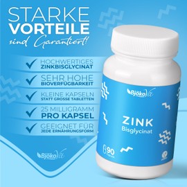 Zinc Tablets (Capsules) by BjökoVit | 25 mg Bisglycinate High Dose and Vegan I Dietary Supplement without Additives | Small Zinc Capsules Instead of Large Tablets