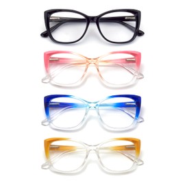 Autojouls 4-Pack Reading Glasses for Women，Oprah Style Frame Spring Hinge Clear Lens Readers Glasses, 4 Colors Mix Black Pink-Clear Blue-Clear Yellow-Clear 1.0 x