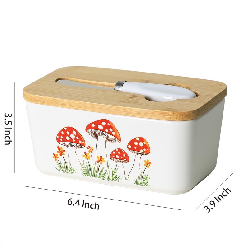 WAIT FLY Mushroom Ceramic Butter Dish with Bamboo Lid and