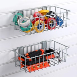 Hicarer 4Pcs Metal Slatwall Baskets and Bins Set Hanging Storage Baskets for PVC Slatwall Mounted Accessories Storage Display on Garage Panels(12.5x6.5x4,Gray)