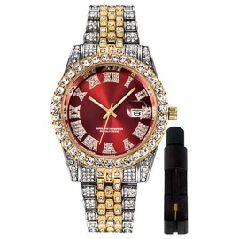 HUNRUY Hip Hop Watches for Men Iced-Out Bling Diamond Luxury Quartz Watches with Date (40mm Red)