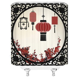 BCNEW Chinese Window Shower Curtain Decor Oriental Lantern Plum Blossoms Red Flower Bathroom Curtain Polyester Fabric Machine Washable with Hooks 70x70 Inches