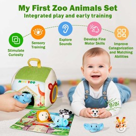 Sortnic Sensory Zoo Toys for Babies 6-12 Months, Soft Stuffed Animal Set with 5 Sensory Animals, Map Pad, Rattle, Crinkle Paper, Squeaker, Mirror, Montessori Toys for Toddlers, Boy Girl Birthday Gifts