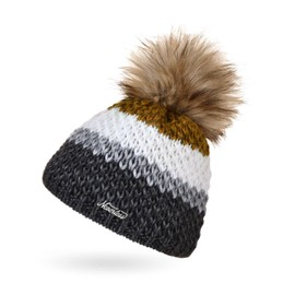 Neverless® Women's Knitted Hat Lined Fleece Lining Fur Pom Faux Fur Winter Hat Bobble Hat Chunky Knit Multicoloured, Dark grey-white