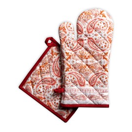 Maison d' Hermine Oven Mitt (19cm x 33cm) and Pot Holder (20cm x 20cm) 100% Cotton Kitchen Oven Mitt + Pot Holder Heat Resistant, Banquet, Orient - Thanksgiving/Christmas