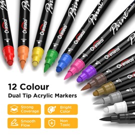 Overseas Paint Marker Pens - Dual Tip Acrylic Paint Pens 12 Colors, Acrylic Paint Markers with Brush Tip and Medium Tip, Permanent Markers for Wood, Rock, Canvas, Glass, Metal, Ceramic, Plastic