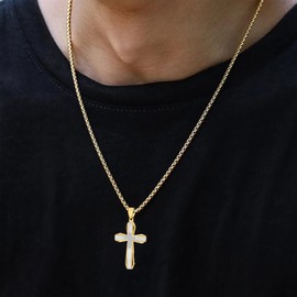 Oskani Mens Cross Necklace Stainless Steel Crucifix Cubic Zirconia Pendant with Chain Yellow Gold Jewelry