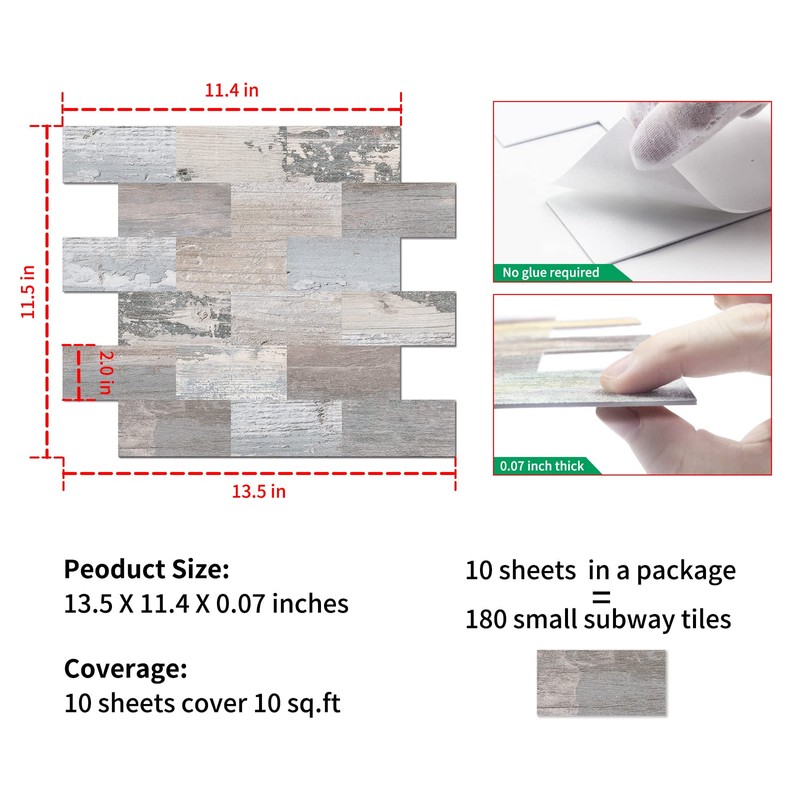 DEWOO 10-Sheet Peel and Stick Backsplash Wall Tiles for Kitchen