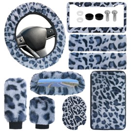 10Pcs Fluffy Leopard Print Car Accessories Set – Featuring Plush Steering Wheel Cover, Center Console Armrest Pad & License Plate Frame, Plus More Interior Trim Decor for Women, Non-Slip Universal Fit