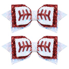 Baseball Hair Bow Clips 4in Glitter Sparkly White Red Sequin Alligator Barrettes for Cheerleader Girls Teens Kids Women Back School Gift Sports Game Day Dress Decoration Accessory