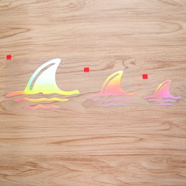 Shark Fin in Water Sea Great White Shark Fish Sticker Decal Vinyl - 3 Pack Holographic Iridescent, 3 Inches, 4 Inches, 6 Inches - No Background for Car Boat Laptop Cup Phone