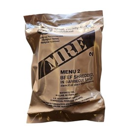 Genuine USGI Individual MRE [Meal, Ready to Eat] Inspection Date 01/2024 or Newer - You Choose Menu - Complete Ration with Entree, Snacks, Dessert, Drink Mix, Utensils, Condiments and FRH. (#2 BBQ Shredded Beef)