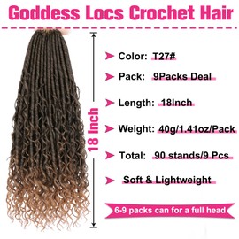 Unionbeauty Pre looped Goddess Locs Crochet Hair 9 Packs 18 Inch Boho Goddess Faux Locs Crochet Hair with Curly Ends Ombre Golden River Locs Crochet Braids Synthetic Crochet Hair Extensions T27#