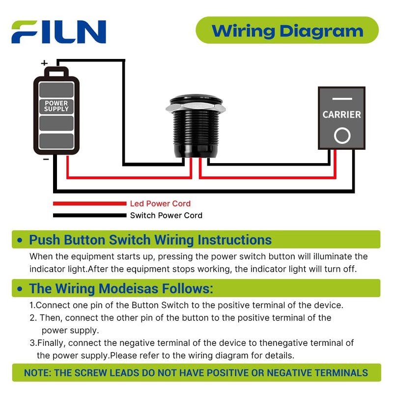 FILN 3Pcs 19mm Latching LED Push Button Switch IP67 20A