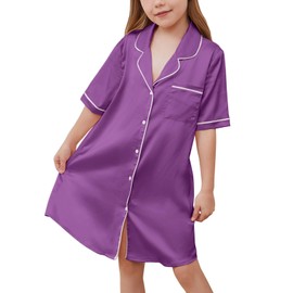 QPANCY Girls Satin Nightgowns Princess Silk Pajamas Sleepwear Purple Short Sleeve Night Dresses Size 6 7