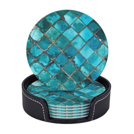 SEPTYK Turquoise Blue Pattern Coasters for Drinks with Holder Set of 6 Leather Round 4" for Home Kitchen Decor Coffee Cup Housewarming