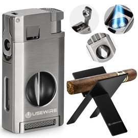 USEWIRE Cigar Lighter and Cigar Holder Set, Refillable Butane Cigar Lighter with V-Shaped and Foldable Punch,Men's Gifts